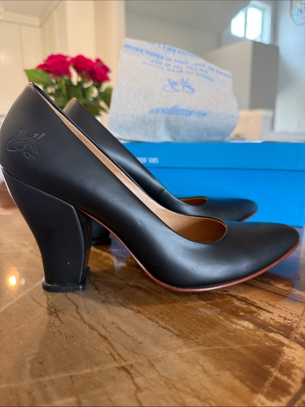 John Fluevog Black Pointed Leather Pumps with Curved Block Heels - Picture 3 of 5
